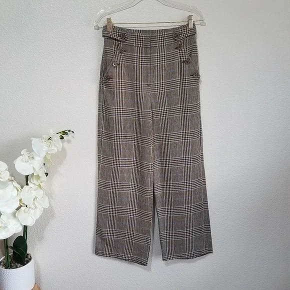 Veronica Beard Hunter Plaid Wide Leg Linen Blend Cropped Pants - Picture 2 of 14